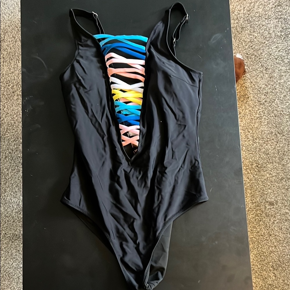 Black and Pink One Piece Swimsuit with Ladder Back